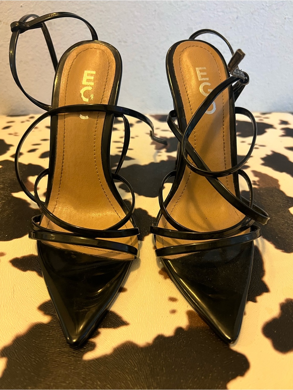 EGO Black Patent Pointed-Toe Strappy Heels